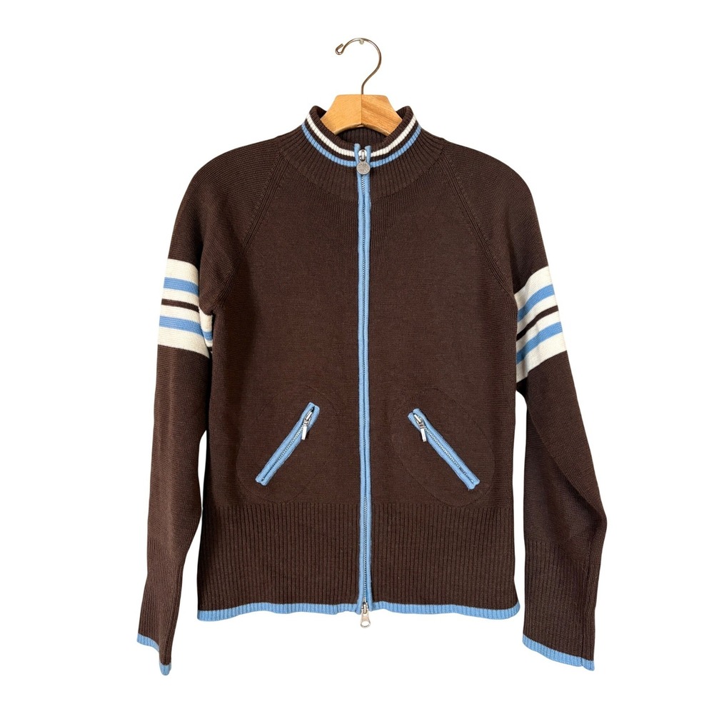 Neve Designs Brown Full Zip Mock Neck Sweater Jacket Blue Stripe 100% Wool Small